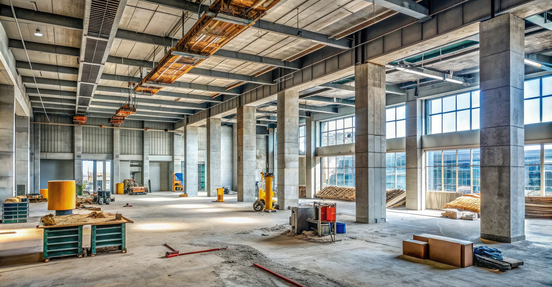 Intérieur vaste d'un bâtiment industriel vide avec colonnes en béton, poutres métalliques, grandes fenêtres et équipements de chantier.