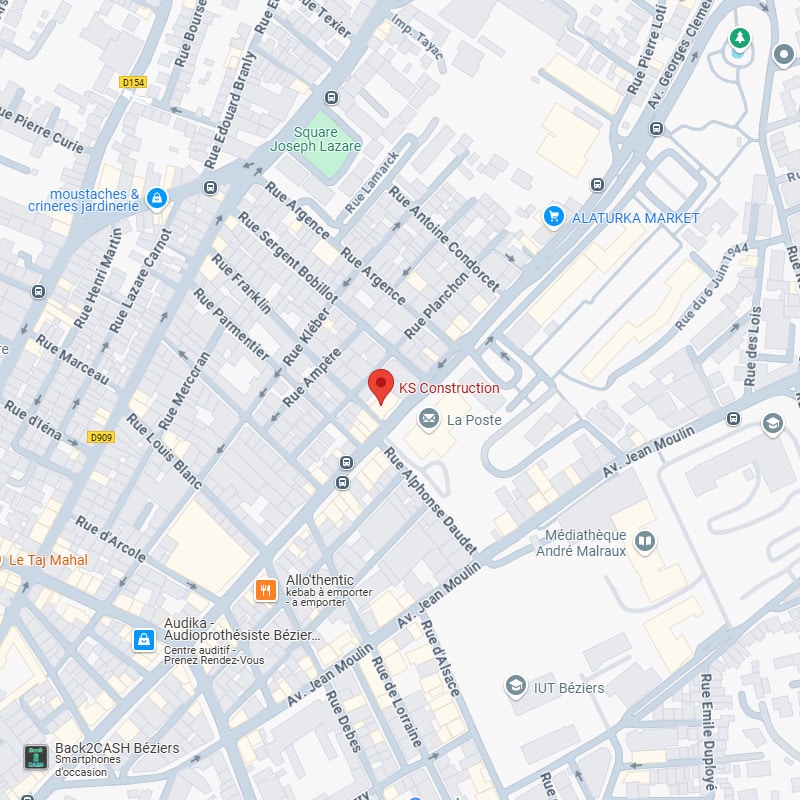 Carte de Béziers montrant KS Construction. Les rues Ampère et Alphonse Daudet sont proches, ainsi que La Poste, l'IUT Béziers et Alaturka Market.