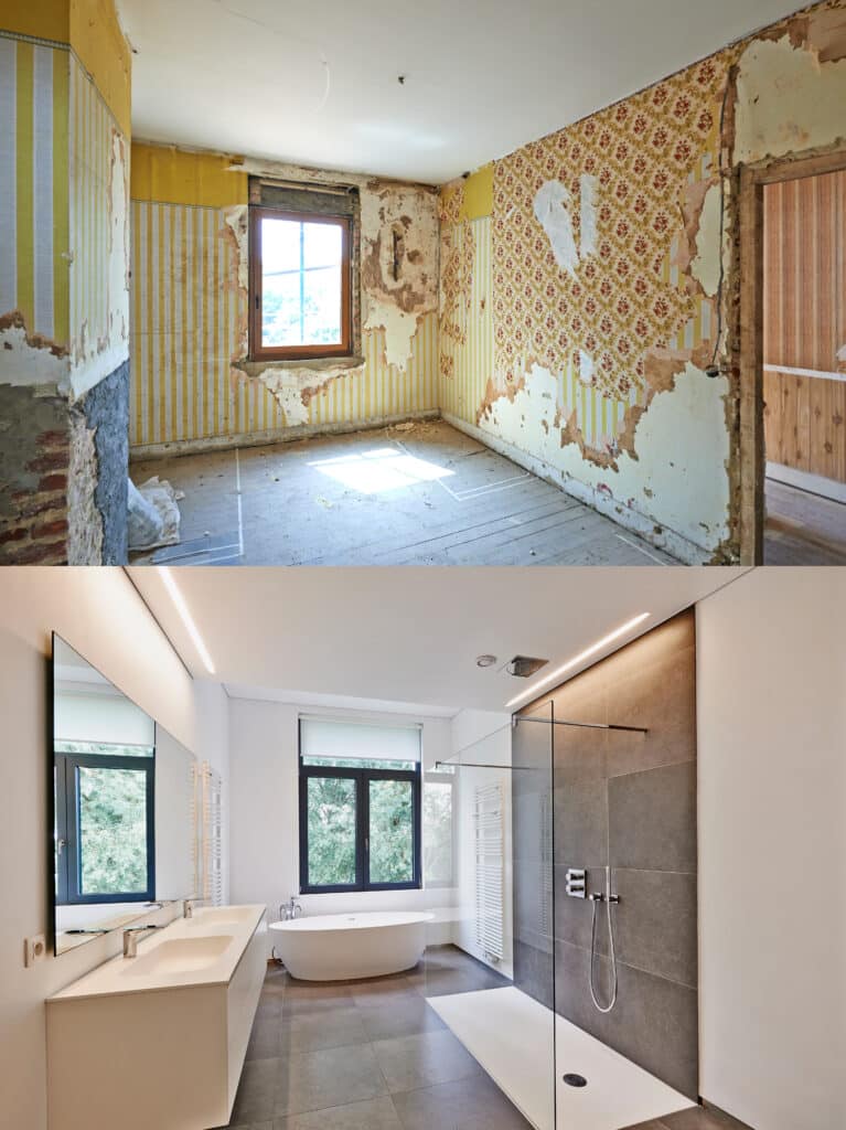 Rénovation impressionnante d'une pièce. Haut: murs délabrés et papier peint jauni. Bas: salle de bain moderne avec douche à l'italienne, baignoire et double vasque.